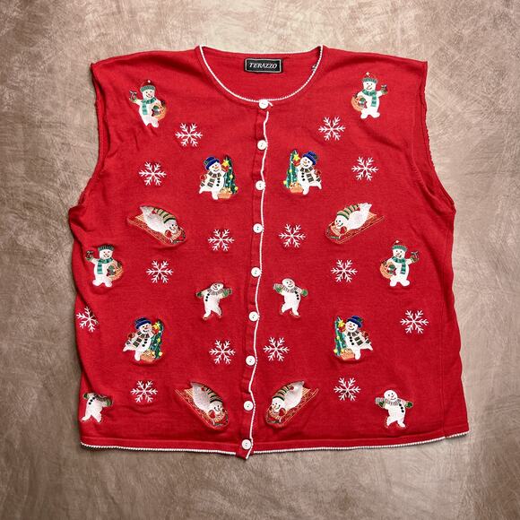 Vintage 90s Terazzo Embroidered Snowman Sleeveless Holiday Vest Knit Christmas - Picture 7 of 7